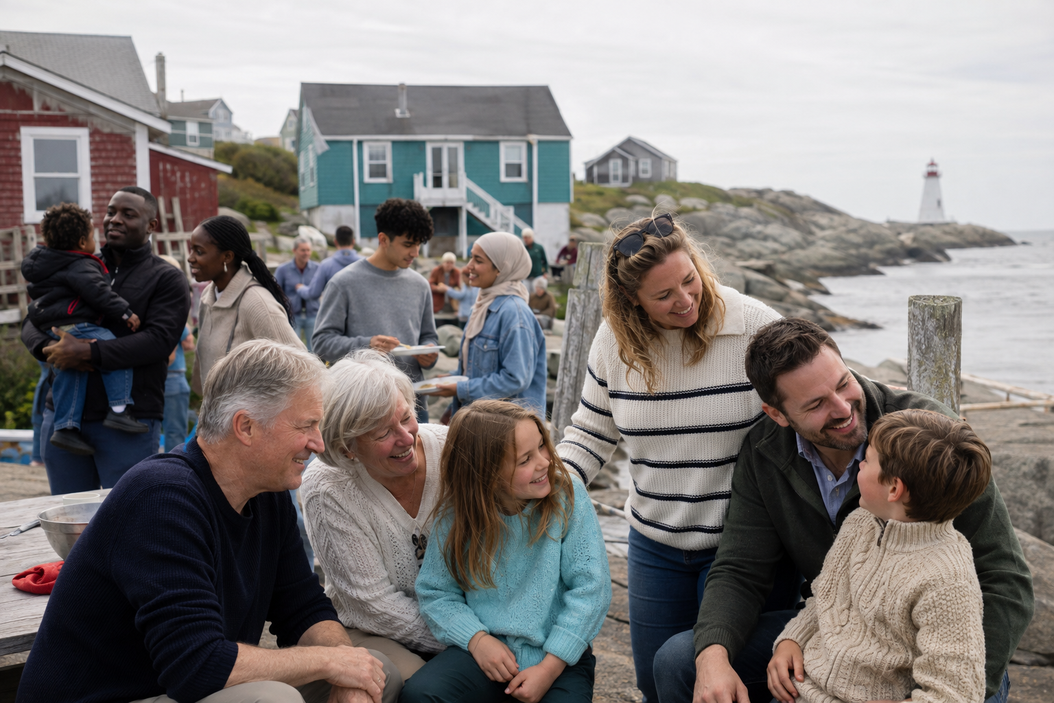 Families gathering in a contemporary Atlantic Canadian waterfront community