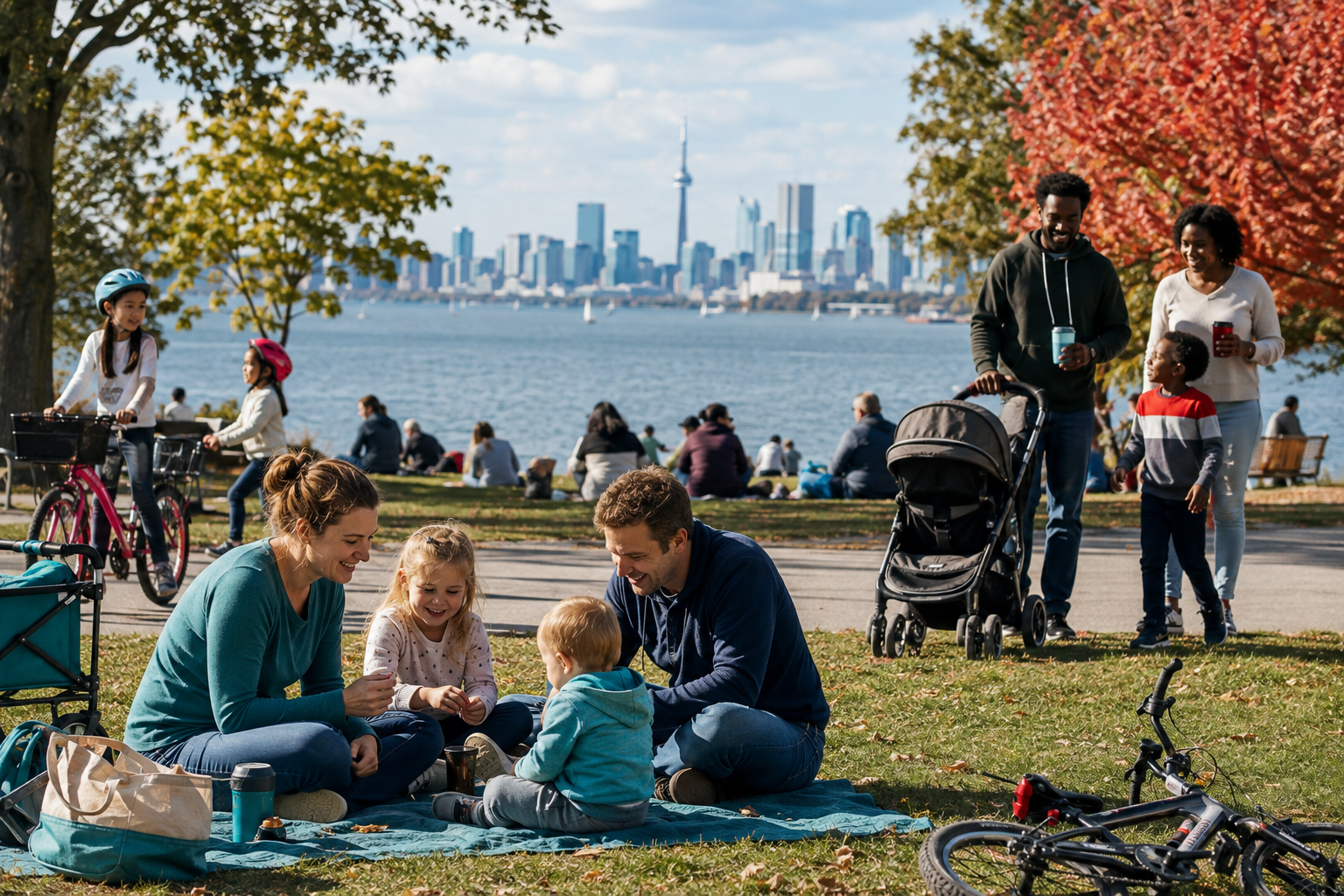 Families spending time together in a Central Canadian lakeside urban park