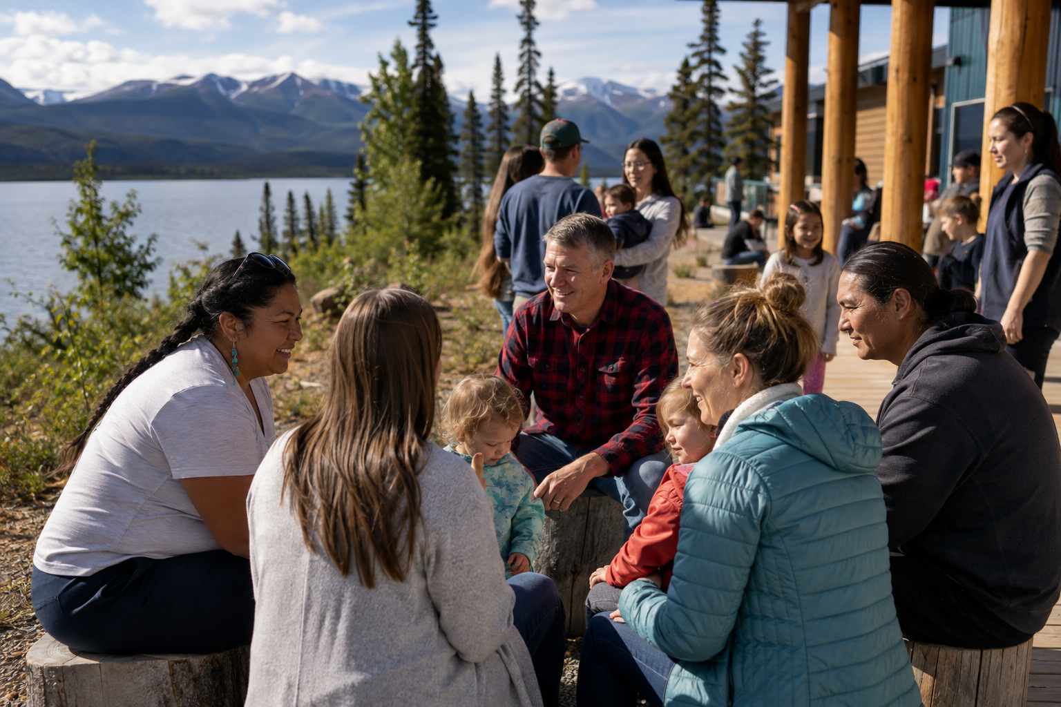 Contemporary families gathering near a Northern Canadian community hub