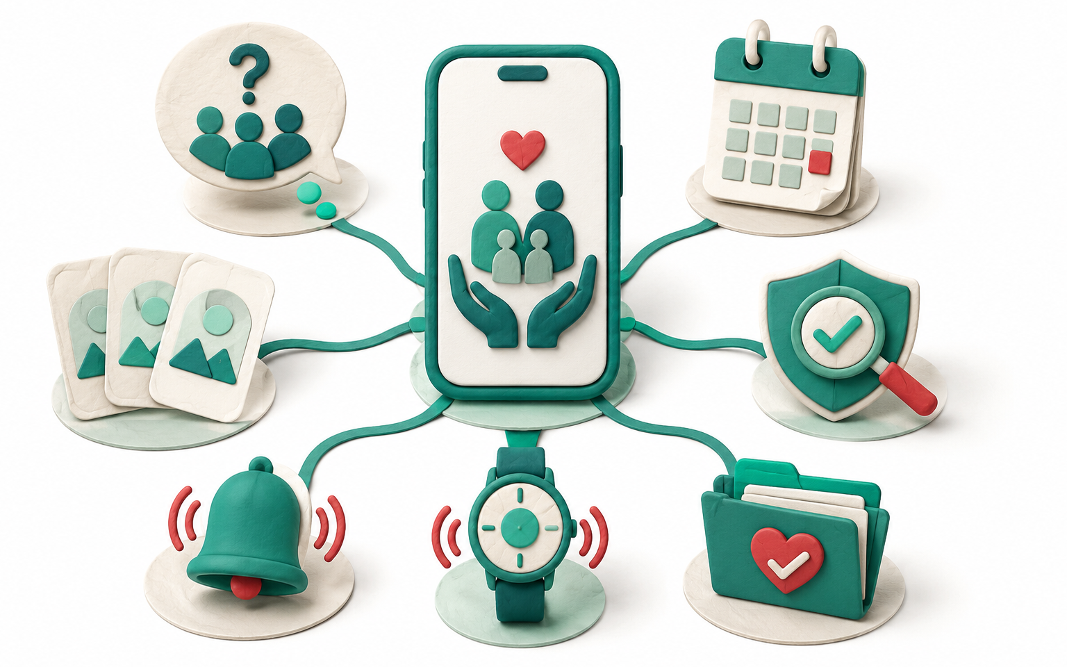 The FAMPAL app concept connecting a question, trusted options, planning, and family alerts