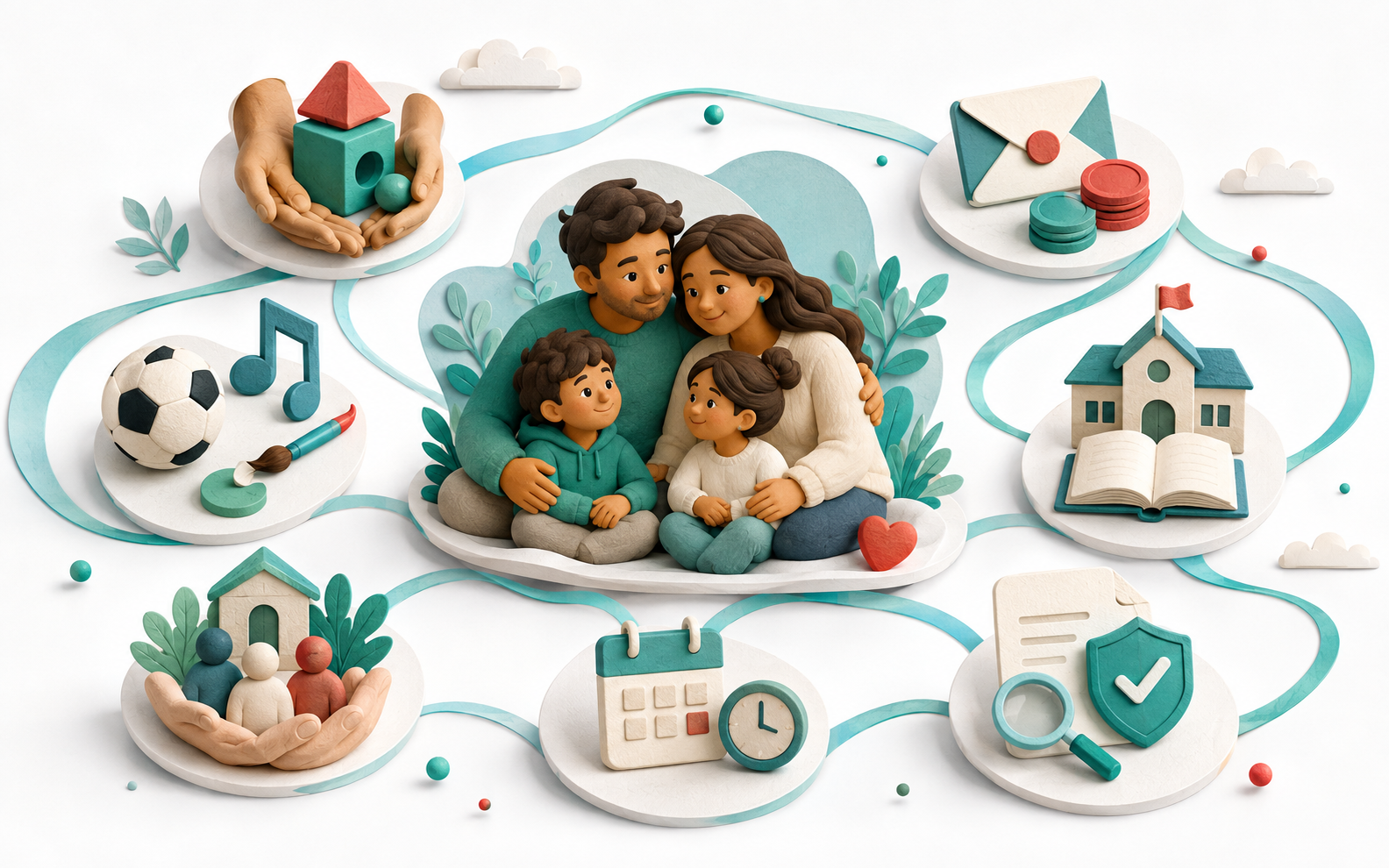 A visual map of a family connected to local services, activities, benefits, schools, community support, planning, and trustworthy information